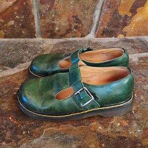 Dr. Martens Green Leather Flats with Classic Monk Strap